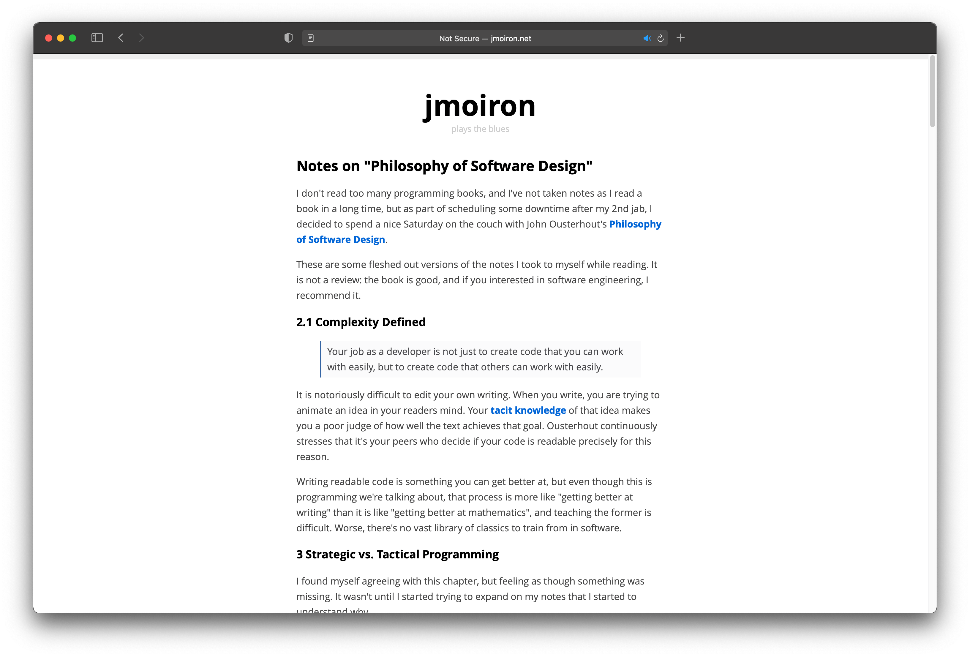 jmoiron - Notes on "Philosophy of Software Design" website screenshot