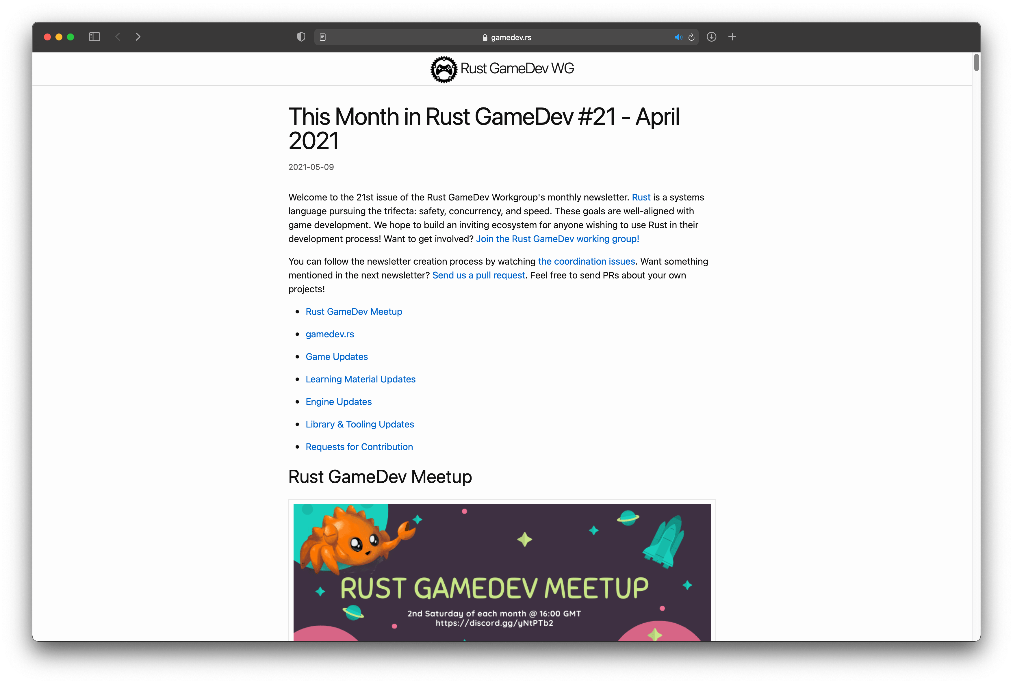 Rust GameDev  newsletter (#21) website screenshot
